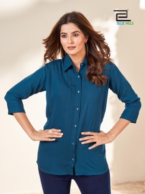 Blue hills by traveller mordan style plain reyon formal shirt for women at wholesale rate western wear catalogs