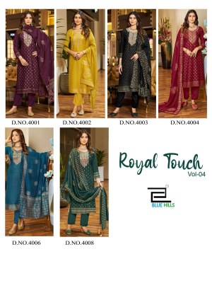 Blue hills present Royal touch vol 04 reyon foil printed readymade suit catalogue at wholesale price readymade suit catalogs