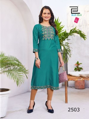 Blue hills present Soild vol 25 reyon zari thread embroidered kurti catalogue at wholesale price,  kurtis catalogs