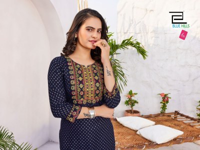 Blue hills present Soild vol 25 reyon zari thread embroidered kurti catalogue at wholesale price,  kurtis catalogs