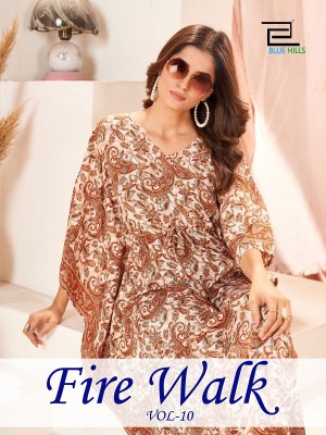 Blue hills present fire walks vol 10 heavy French crepe printed kaftan catalogue at low rate kurtis catalogs