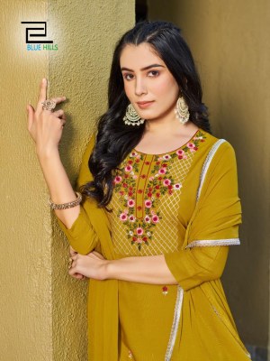 Blue hills present jannat heavy reyon zari with multi thread work kurti pant and dupatrta catalogue at wholesale price readymade suit catalogs