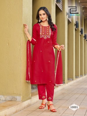 Blue hills present jannat heavy reyon zari with multi thread work kurti pant and dupatrta catalogue at wholesale price readymade suit catalogs