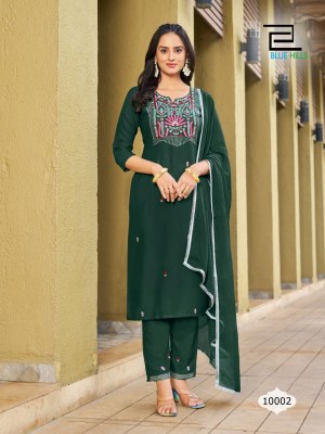 Blue hills present jannat heavy reyon zari with multi thread work kurti pant and dupatrta catalogue at wholesale price readymade suit catalogs