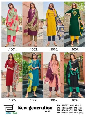 Blue hills present new generation vol 3 reyon embroidered kurti pant and dupatta catalogue at low rate kurti pant with dupatta Catalogs