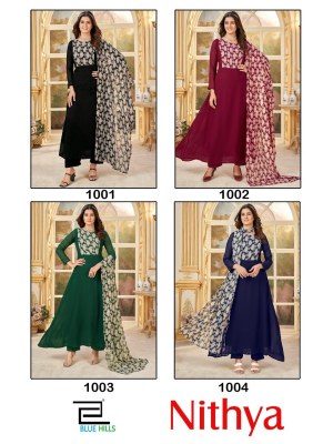 Blue hills present nithya fancy fox georgette discharge print kurti pant with dupatta catalogue  readymade suit catalogs