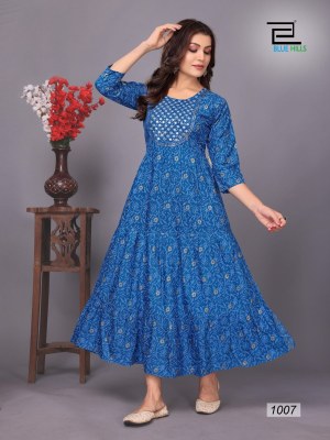 Blue hills presenting Sarfanza vol 10 reyon printed neck embroidery gown style kurti catalog at wholesale price  Blue hills Kurti 