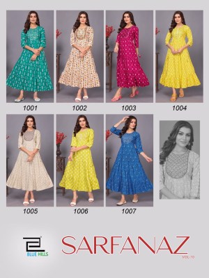 Blue hills presenting Sarfanza vol 10 reyon printed neck embroidery gown style kurti catalog at wholesale price  kurtis catalogs