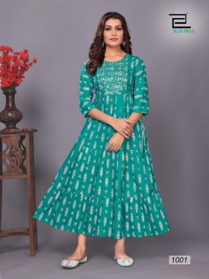 Blue hills presenting Sarfanza vol 10 reyon printed neck embroidery gown style kurti catalog at wholesale price  kurtis catalogs