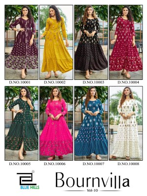 Bournvilla-10 by Blu hills reyon foil printed long frill gown catalogue at amaviexpo kurtis catalogs