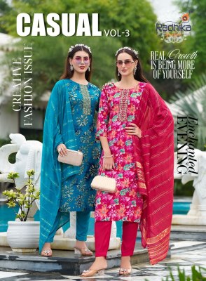 Casual vol 3 by radhika life style reyon printed fancy embroidered kurti pant and dupatta collection Radhika Lifestyle