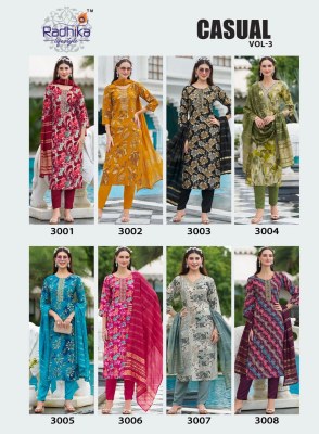 Casual vol 3 by radhika life style reyon printed fancy embroidered kurti pant and dupatta collection readymade suit catalogs