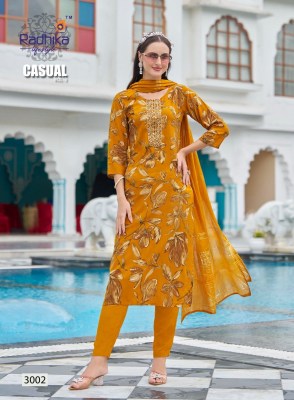 Casual vol 3 by radhika life style reyon printed fancy embroidered kurti pant and dupatta collection readymade suit catalogs