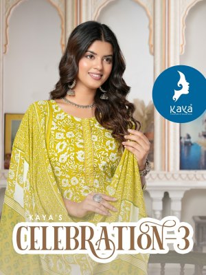 Celebration 3 by Kaya Straight cotton printed kurti pant and dupatta catalogue at low rate  Kaya kurti