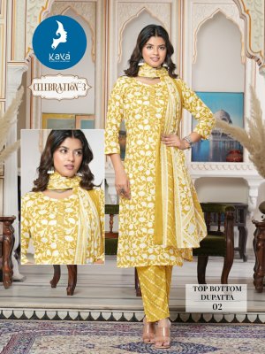 Celebration 3 by Kaya Straight cotton printed kurti pant and dupatta catalogue at low rate  readymade suit catalogs