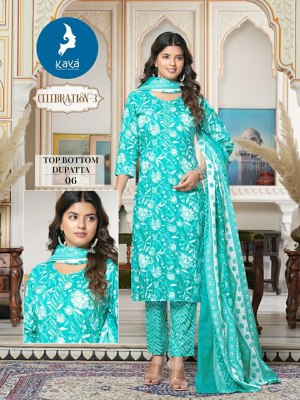 Celebration 3 by Kaya Straight cotton printed kurti pant and dupatta catalogue at low rate  readymade suit catalogs