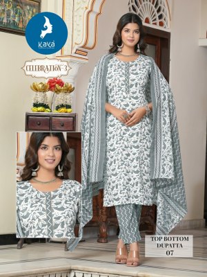 Celebration 3 by Kaya Straight cotton printed kurti pant and dupatta catalogue at low rate  readymade suit catalogs