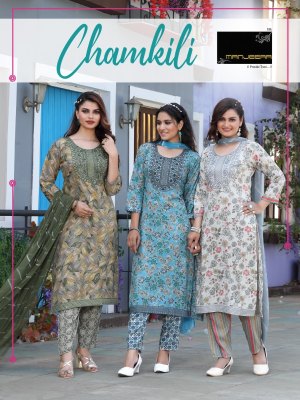 Chamkili by Manjeera capsual printed straight kurti pant and dupatta catalogue at low rate wholesale catalogs