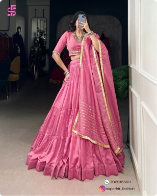 Chanderi Silk Pink Lehenga Set 1609Pink Stitched, 12 Meter Flair, Cowrie Lace Blouse, Embossed Lace Dupatta Wholesale  Single