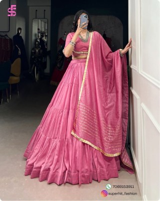 Chanderi Silk Pink Lehenga Set 1609Pink Stitched, 12 Meter Flair, Cowrie Lace Blouse, Embossed Lace Dupatta Wholesale  lehenga choli