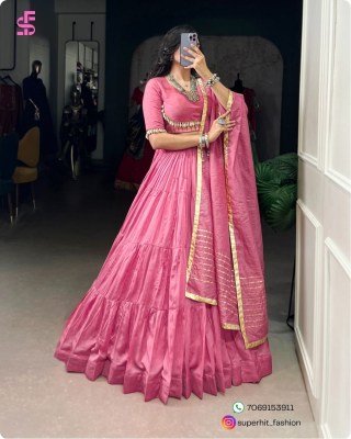 Chanderi Silk Pink Lehenga Set 1609Pink Stitched, 12 Meter Flair, Cowrie Lace Blouse, Embossed Lace Dupatta Wholesale  lehenga choli