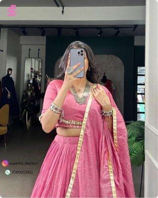 Chanderi Silk Pink Lehenga Set 1609Pink Stitched, 12 Meter Flair, Cowrie Lace Blouse, Embossed Lace Dupatta Wholesale  lehenga choli
