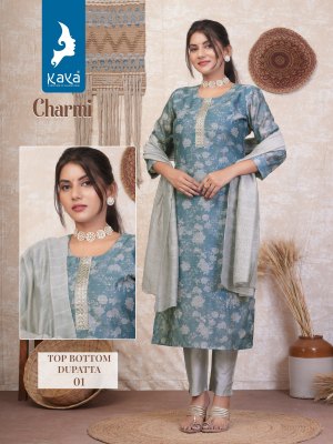 Charmi by Kaya Fancy Chanderi digital printed kurti pant and dupatta catalogue at affordable rate readymade suit catalogs