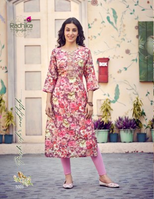 Charming vol 5 by Radhika lifestyle modal chanderi workfancy kurti catalogue at affordable rate kurtis catalogs