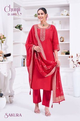 Churii Sakura Readymade Set Soft Viscose Roman Silk Kurti with Embroidery Pant And Jacquard Dupatta Wholesale kurti pant with dupatta Catalogs