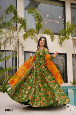 Clora vol 10 stunning Beautiful digital printed Ethnic wear Fully flared gown set collection Parrot Green  Colour Wholesale  