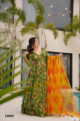 Clora vol 10 stunning Beautiful digital printed Ethnic wear Fully flared gown set collection Parrot Green  Colour Wholesale  gowns