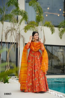 Clora vol 10 stunning Beautiful digital printed Ethnic wear Fully flared gown set collection  Orange Colour Wholesale  gowns