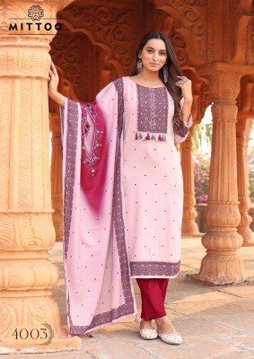 Colordrop by Mittoo Heavy Reyon Printed handwork top bottom and dupatta at affordable rate readymade suit catalogs