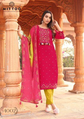 Colordrop by Mittoo Heavy Reyon Printed handwork top bottom and dupatta at affordable rate readymade suit catalogs