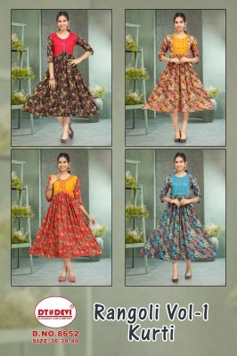 DN 8652 by Rangoli vol 1 Reyon mill printed fancy flared kurti catalogue at affordable rate kurtis catalogs