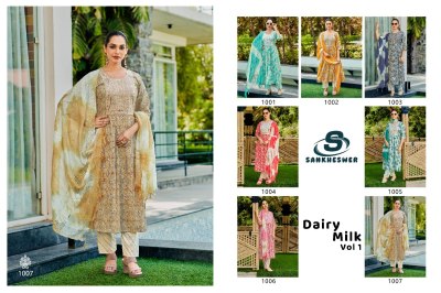 Dairy milk vol 1 by Sankheshwer Capsule foil printed flair top bottom with dupatta catalogue in budget range readymade suit catalogs
