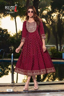 Dee Cee Presents Mahika Chanderi Flared Long Gown Ghera Stylish Embroidery Work Kurti Catalogue wholesaler supplier in India  Dee cee