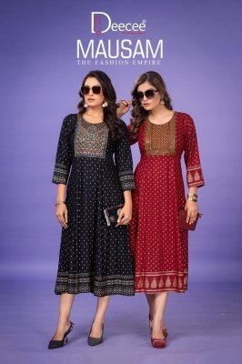Deece Mausam Luxe Heavy Rayon Kali Kurti Gold Printed  Sequin Neck And Kasab Detailing Wholesale Dee cee