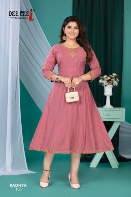 Deecee Radhya Roman Silk Flared Kali Style Long Kurti with Inner And Computer Embroidery Sequence Neck Work Wholesale Dee cee