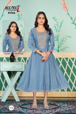 Deecee Ryna Roman Silk Flared Princess Cut Long Only Kurti with Embroidered Border And Screen Print Side Kali Wholesale Dee cee