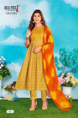 Deecee by Chayma heavy chanderi printed naira cut flaired kurti bottom and dupatta catalogue readymade suit catalogs