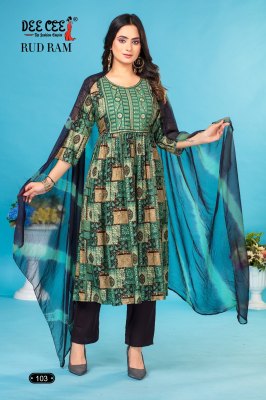 Deecee by Rud ram fancy royal foil print flared kurti pant and dupatta catalogue at low rate readymade suit catalogs