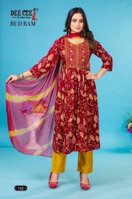 Deecee by Rud ram fancy royal foil print flared kurti pant and dupatta catalogue at low rate readymade suit catalogs