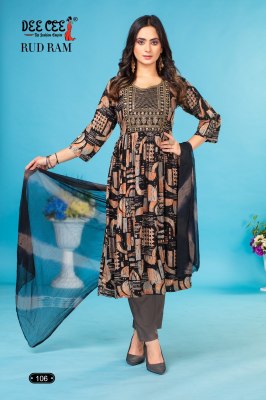 Deecee by Rud ram fancy royal foil print flared kurti pant and dupatta catalogue at low rate readymade suit catalogs