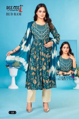 Deecee by Rud ram fancy royal foil print flared kurti pant and dupatta catalogue at low rate readymade suit catalogs