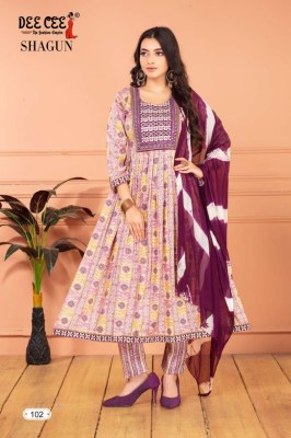 Deecee by Shagun capsule print flared long kurti pant and dupatta catalogue at affordable rate readymade suit catalogs