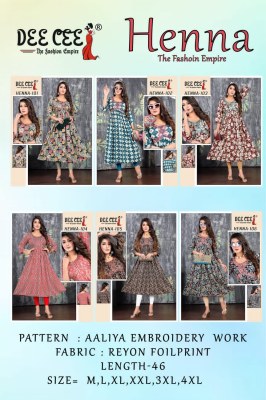 Deecee from the fashion empire by henna reyon foil print alia cut embroidered kurti catalogue at wholesale price kurtis catalogs