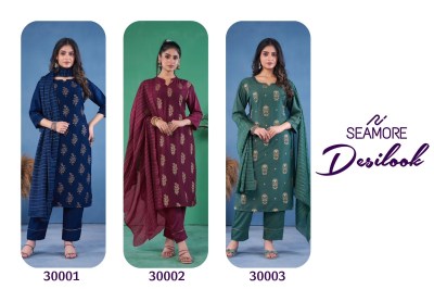 Desilook by Seamore Art silk cotton foil print kurti pant and dupatta catalogue at low rate readymade suit catalogs