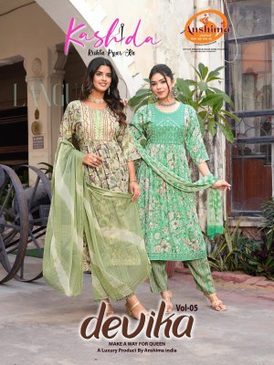 Devika vol 5 by Kashida Heavy Capsuale foil printed nyra cut kurti bottom and dupatta catalogue Kashida