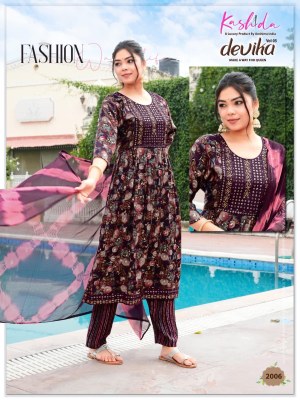 Devika vol 5 by Kashida Heavy Capsuale foil printed nyra cut kurti bottom and dupatta catalogue readymade suit catalogs